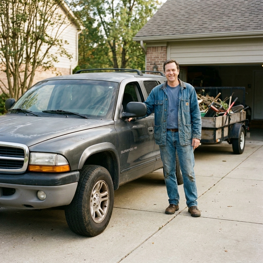 A used Dodge Durango parked in a driveway with a small utility trailer behind it.