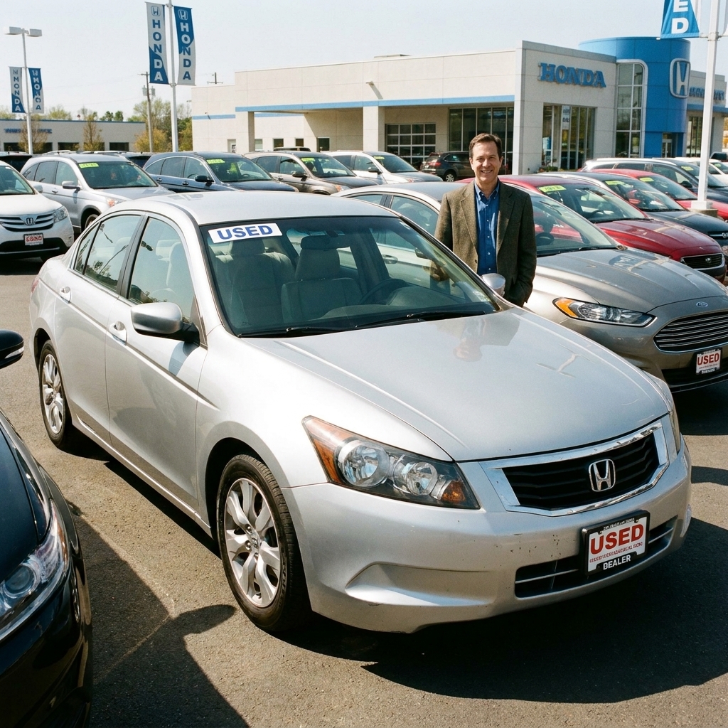 A used Honda Accord sedan parked in a row of cars at a dealership lot in bright daylight, front three-quarter view