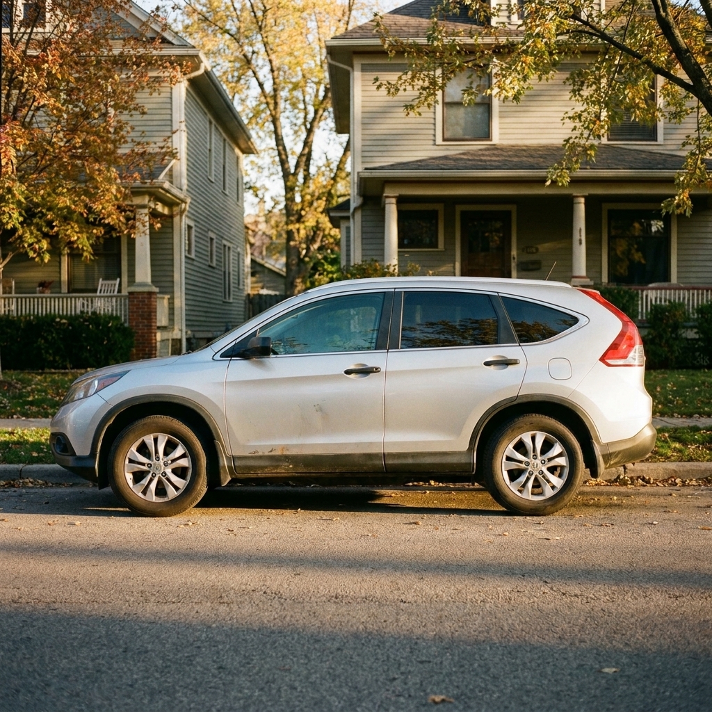 A used Honda CR-V parked curbside in a residential neighborhood, side profile in afternoon light