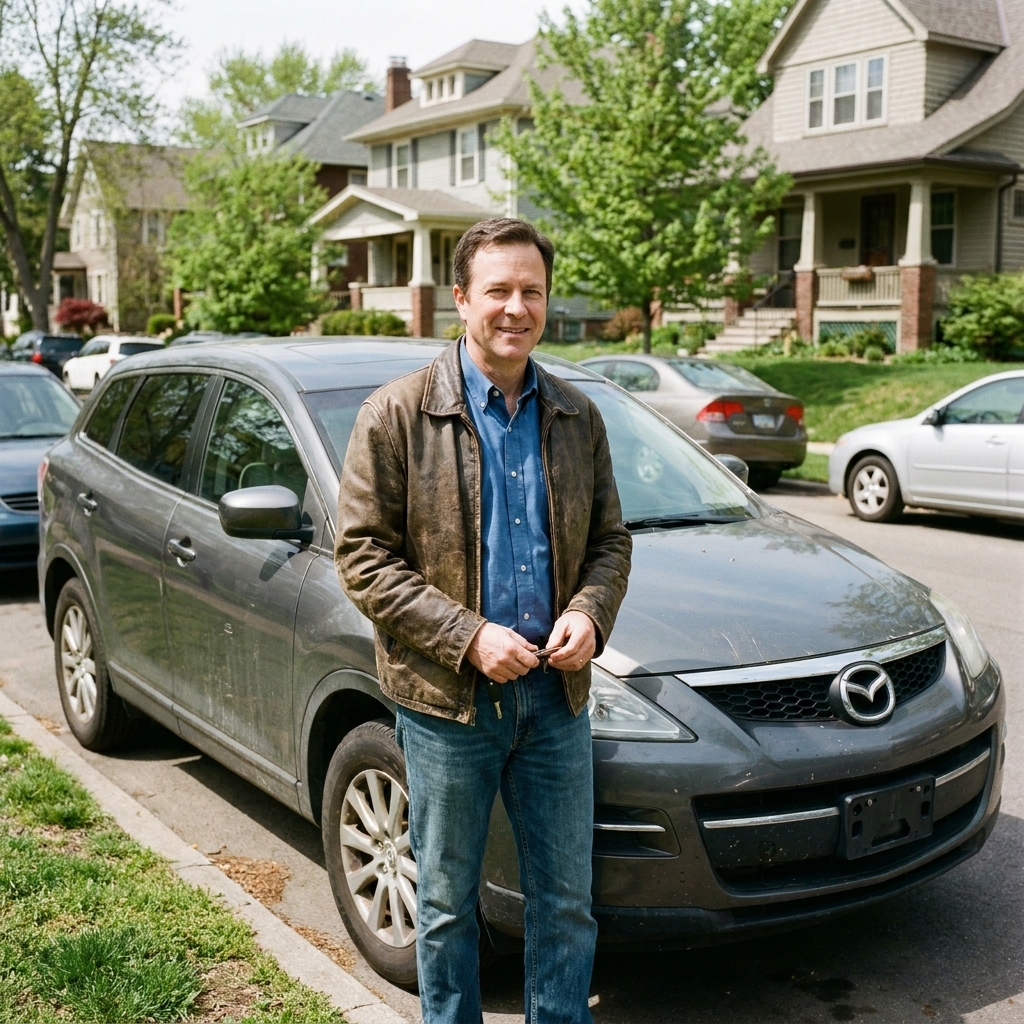 A used Mazda CX-9 parked curbside in a residential neighborhood.