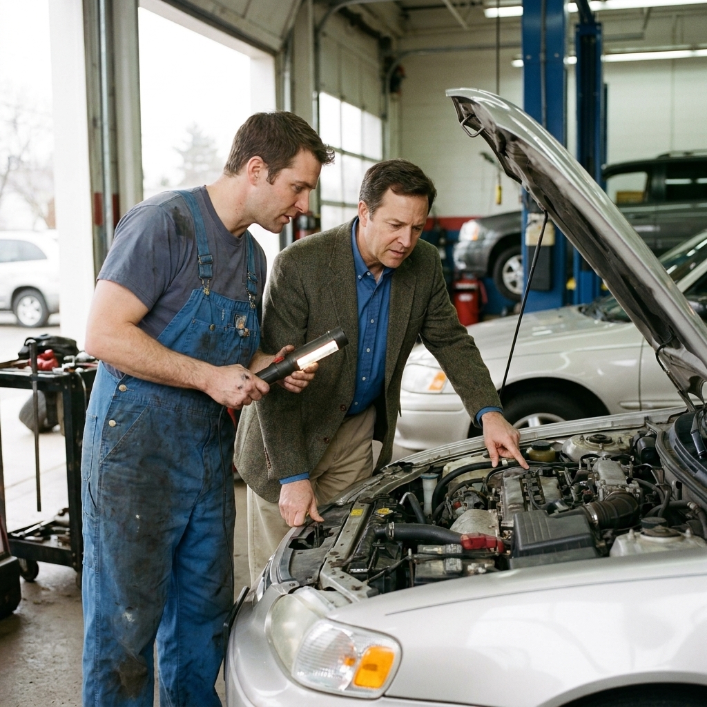 A used car buyer and a mechanic looking into an open engine bay during a pre-purchase inspection at a repair shop