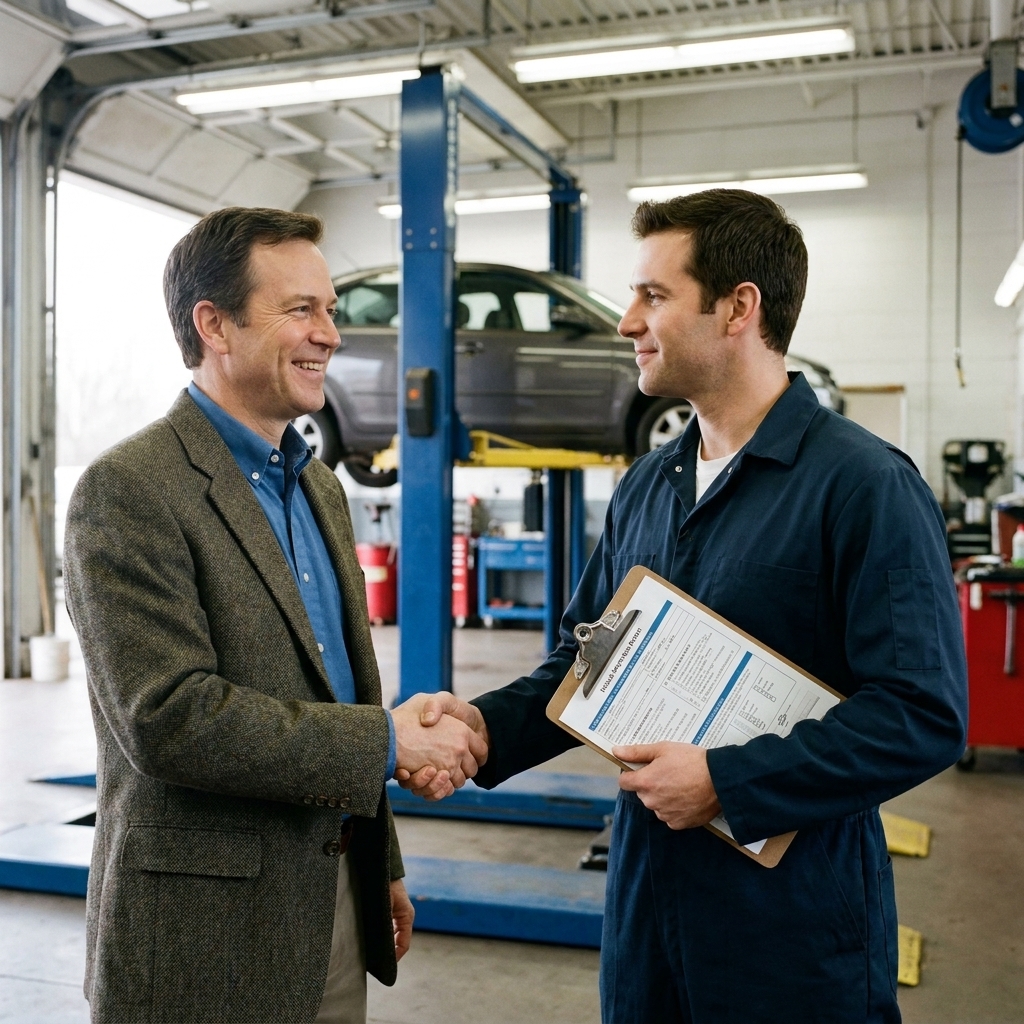 A used car buyer shaking hands with a mechanic in a service bay after reviewing an inspection report on a clipboard