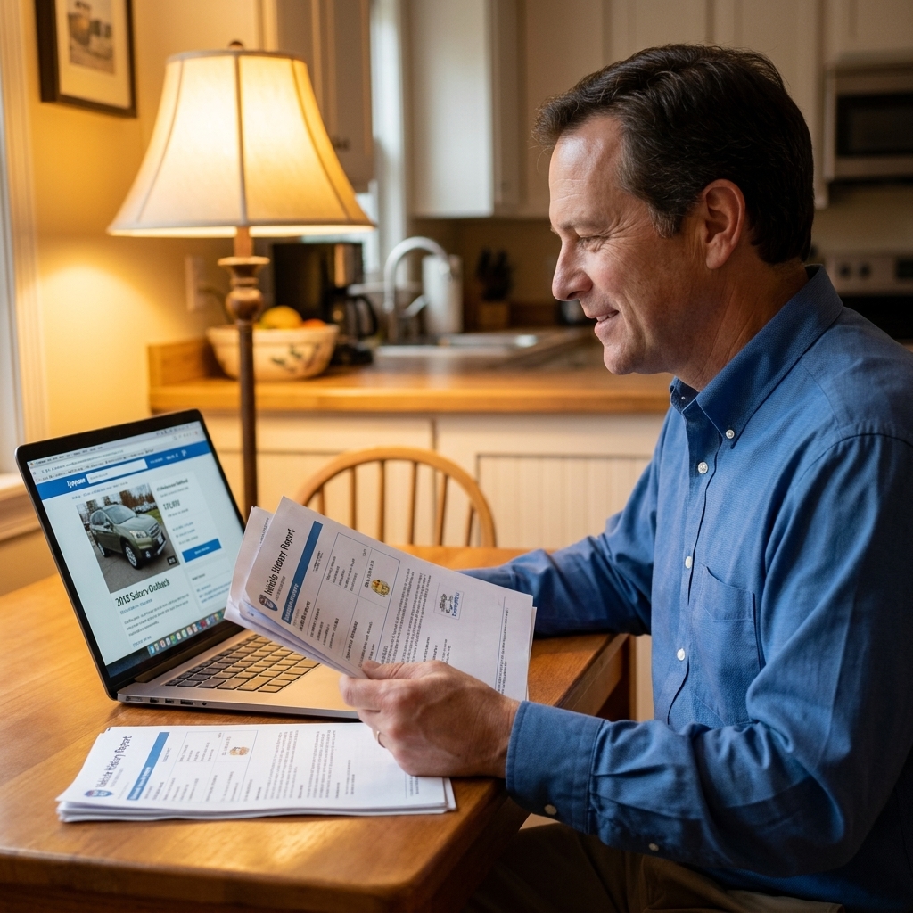 A used car buyer sitting at a kitchen table with a laptop open to a car listing while holding vehicle paperwork, warm indoor lighting