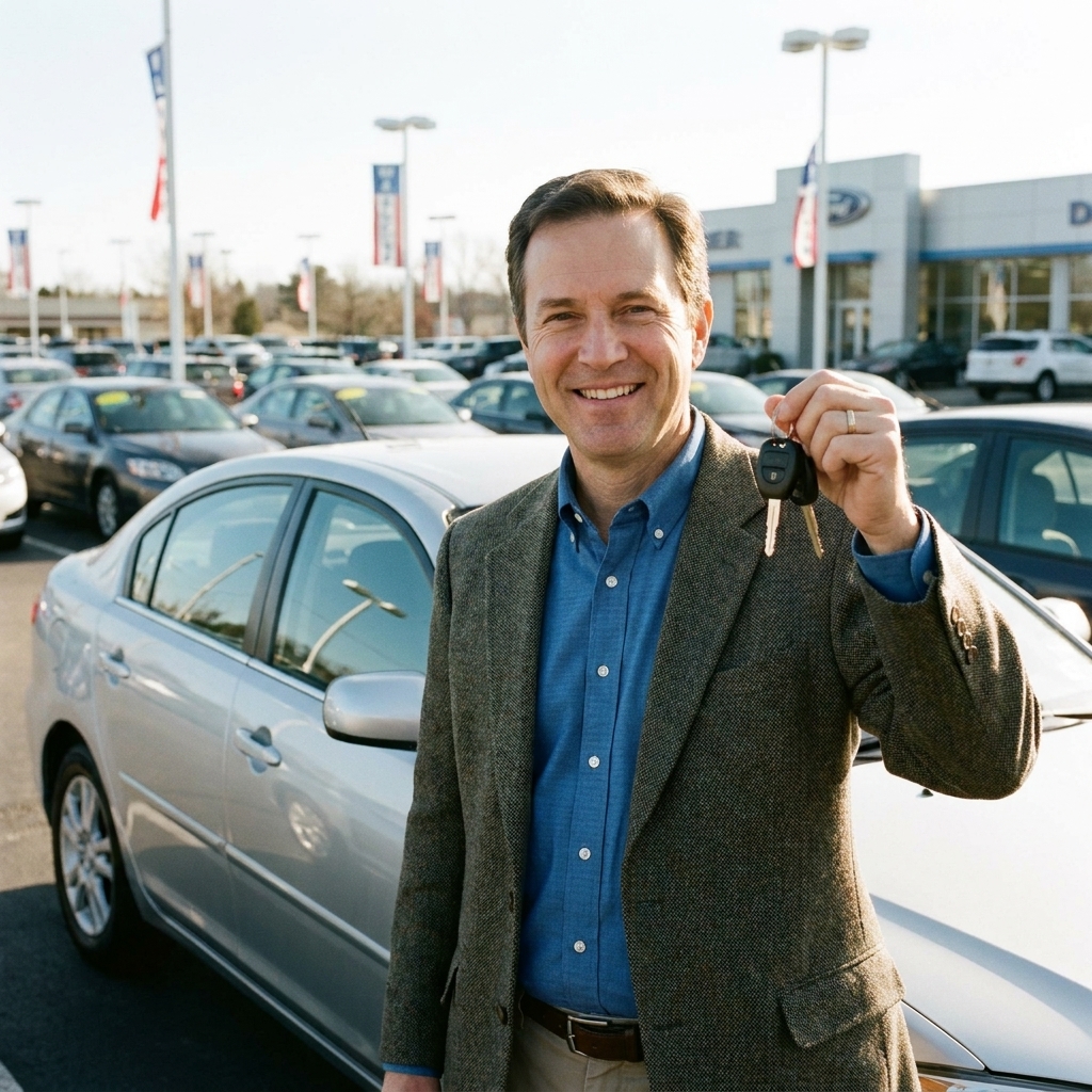 A used car buyer standing in a dealership parking lot holding car keys next to a clean used sedan in daylight