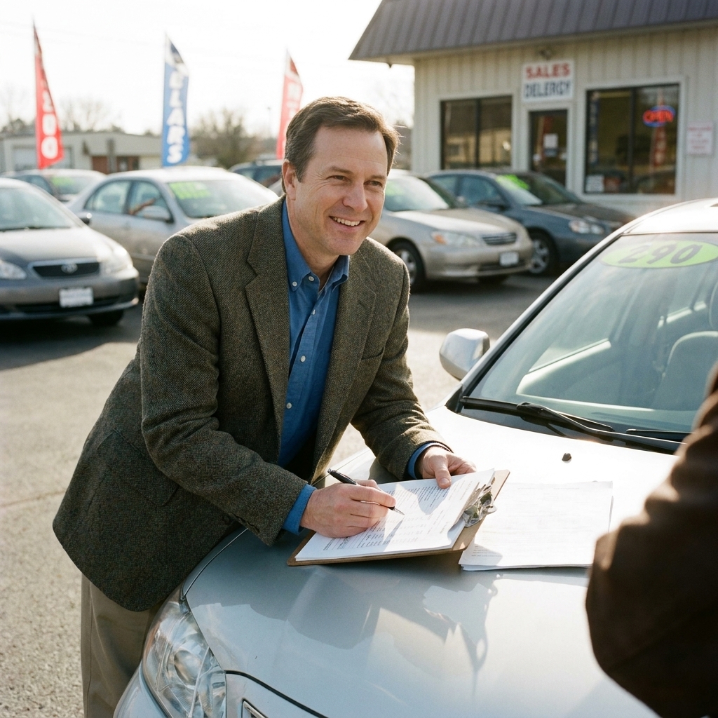 A used car parked on a dealership lot with a clipboard and paperwork resting on the hood as a buyer reviews numbers outdoors