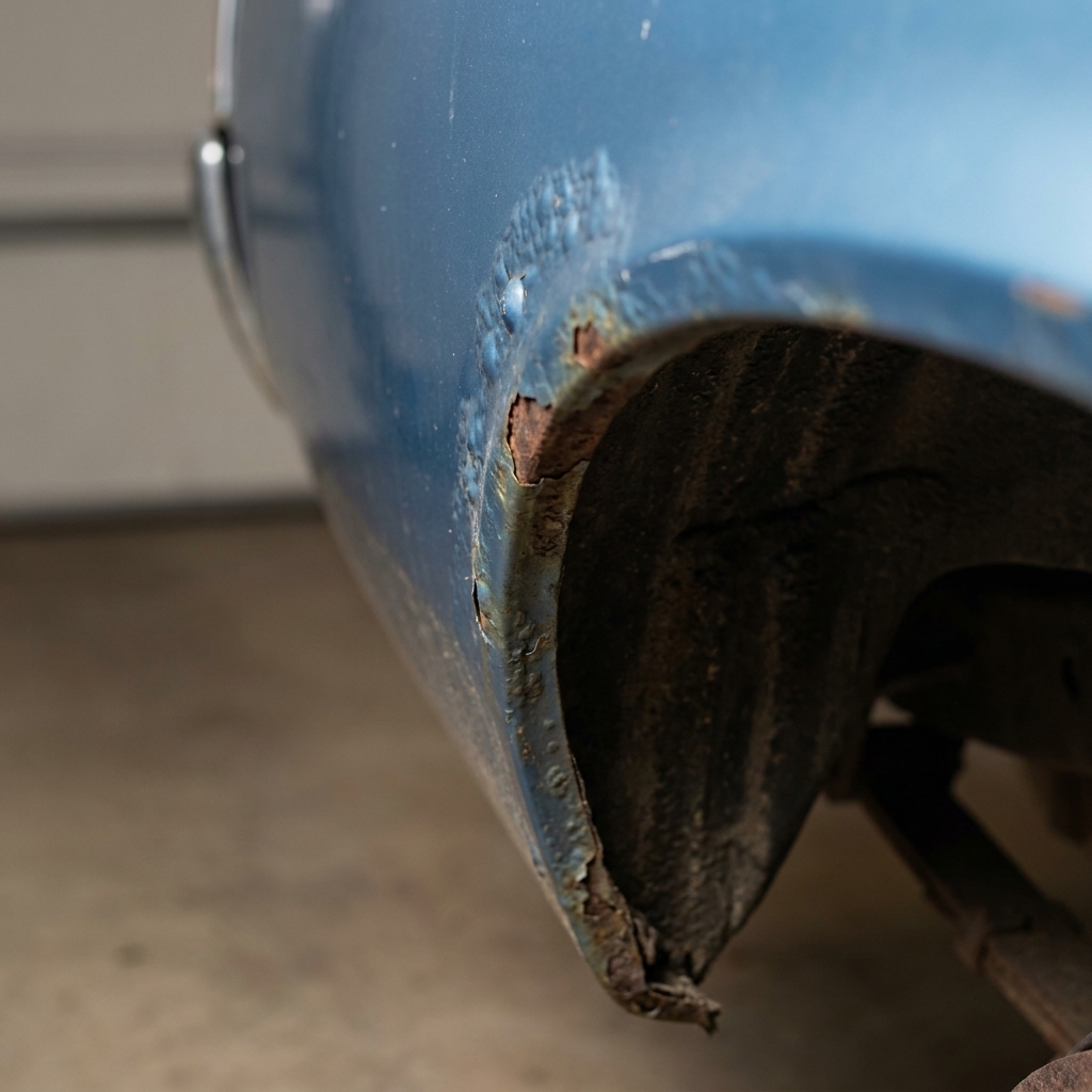 A used car rear wheel arch with bubbling paint and early rust forming along the inner lip