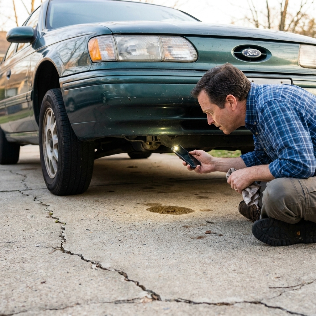 A used sedan parked on a driveway with a person crouching near the front bumper, using a phone flashlight to check for fluid leaks under the engine
