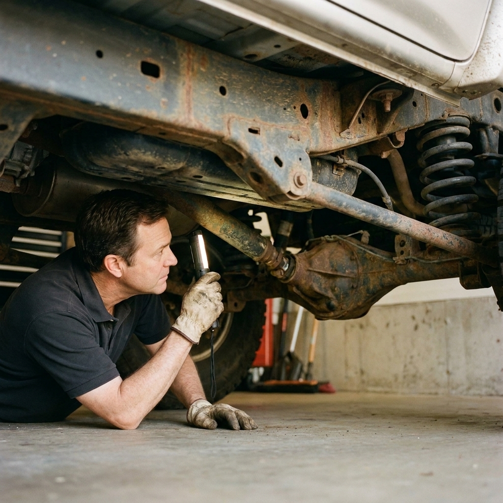 A view under a Toyota 4Runner showing the frame rails and suspension components, photographed to check for corrosion