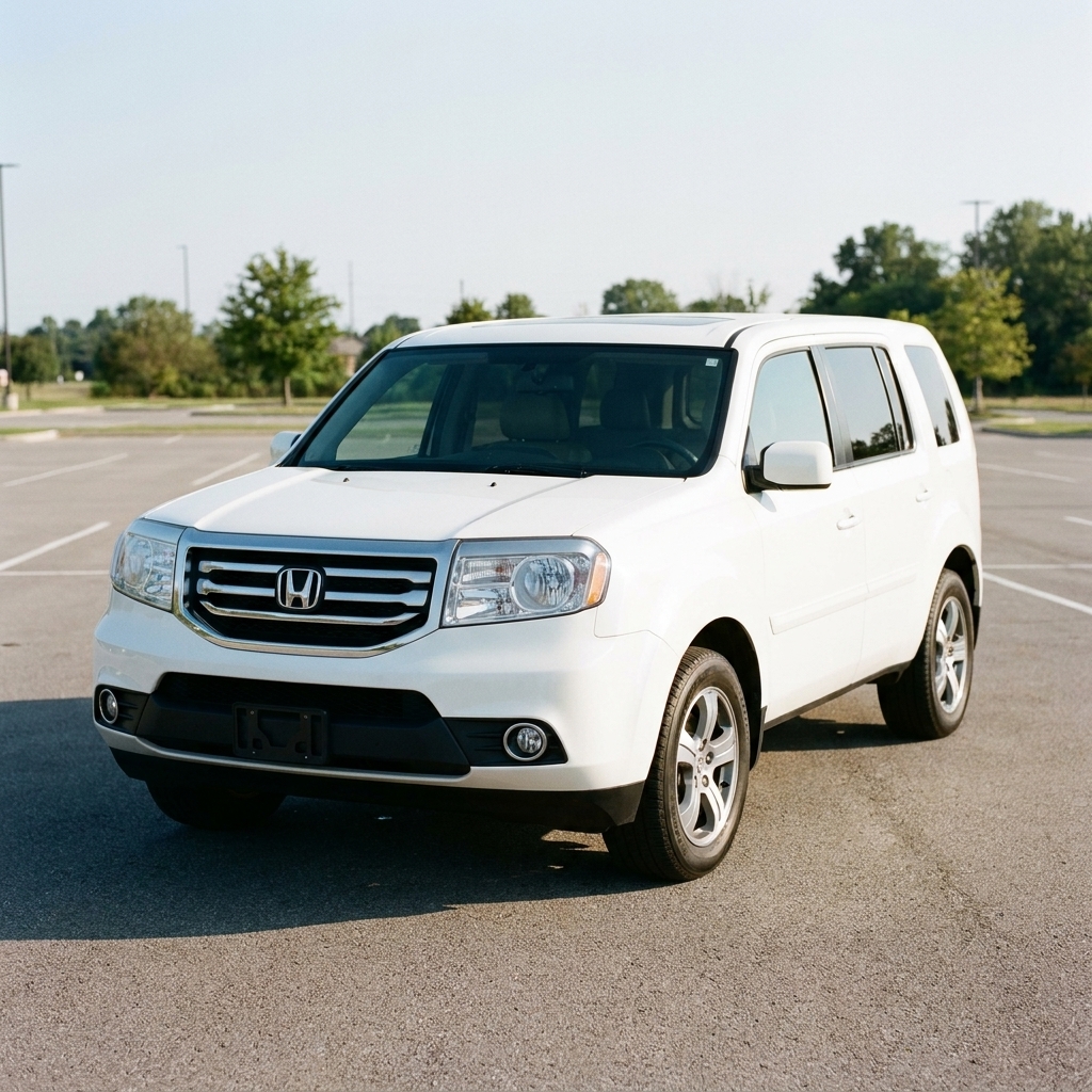 A white 2012 Honda Pilot parked in an open parking lot in daylight, front three-quarter view showing the boxy shape