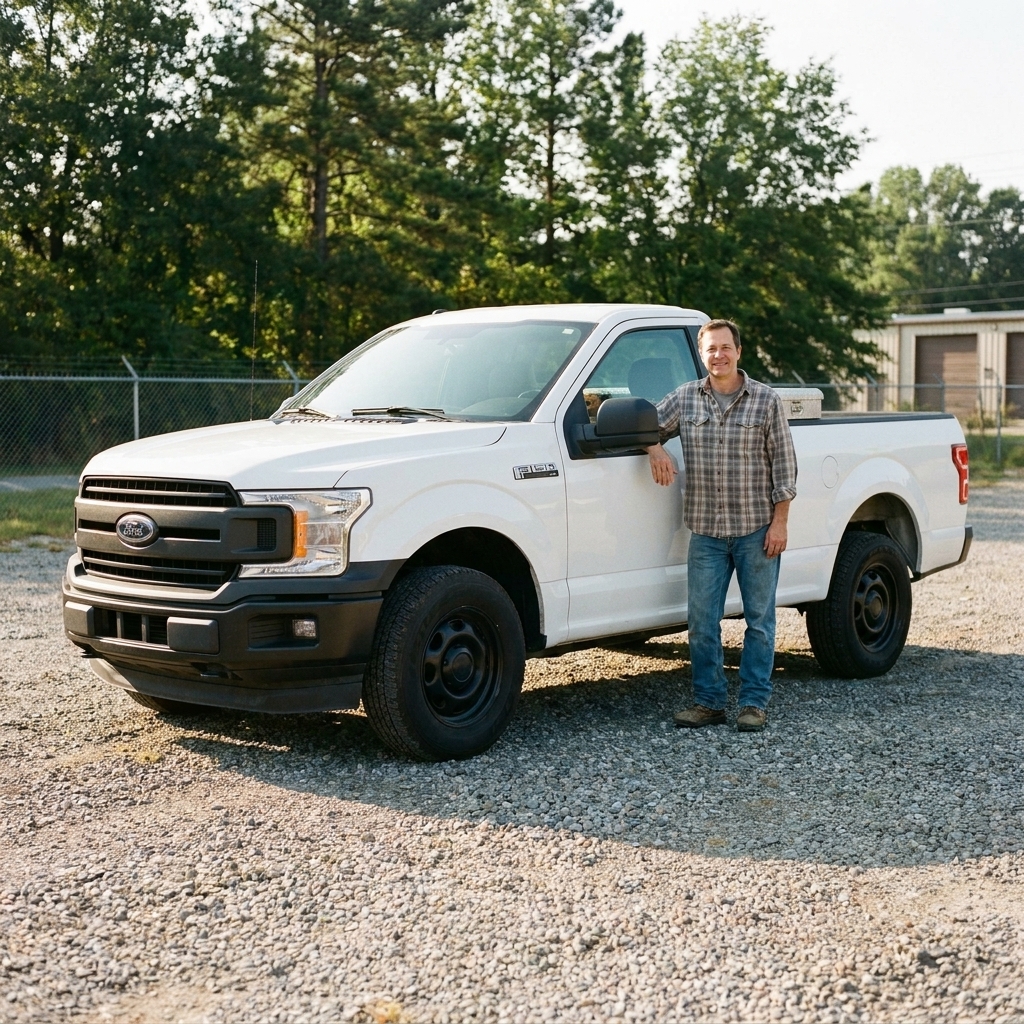 A white 2019 Ford F-150 regular cab work truck parked on a gravel lot in daylight, showing steel wheels and a basic fleet-style appearance