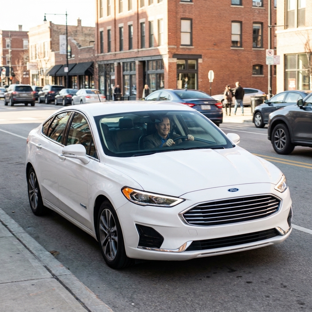 A white 2019 Ford Fusion Hybrid driving on a city street in daylight, front three-quarter view