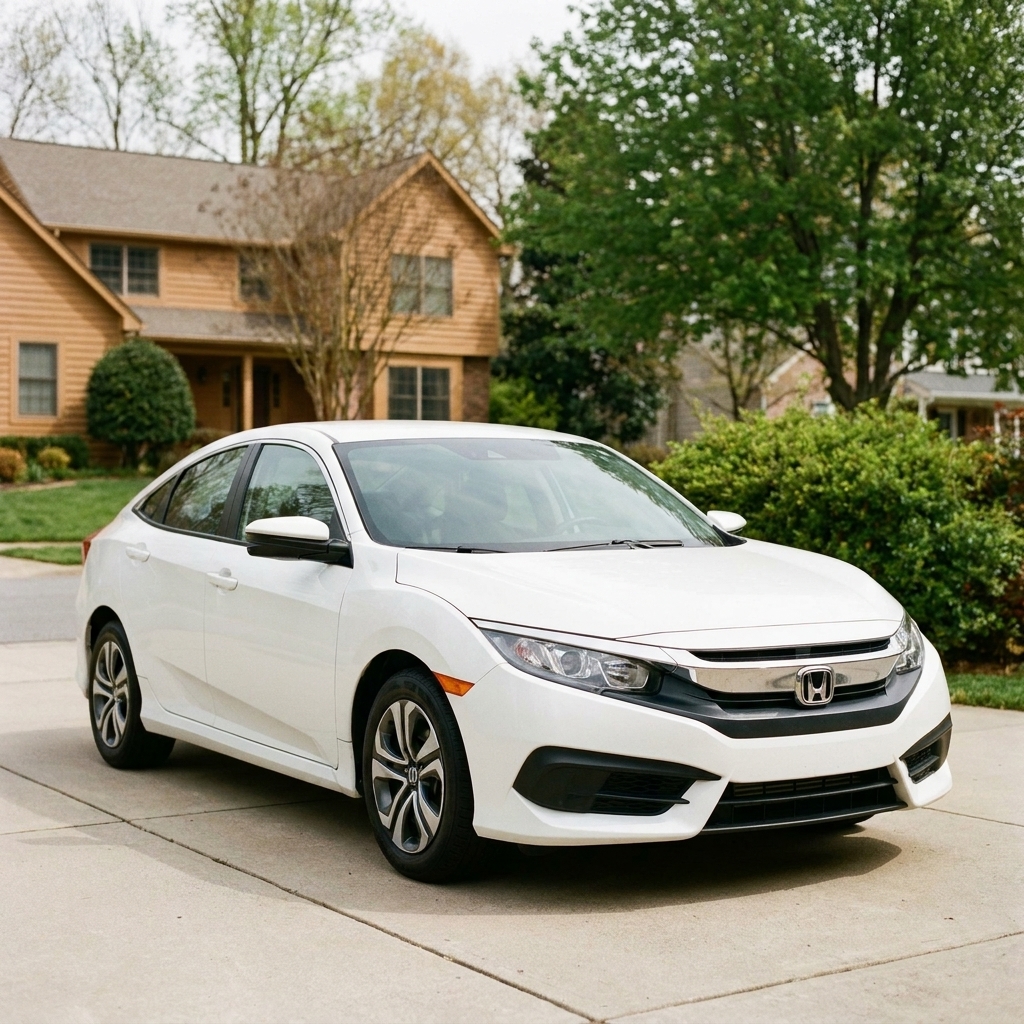 A white 2019 Honda Civic EX sedan parked in a driveway during daylight, photographed from the front three-quarter angle