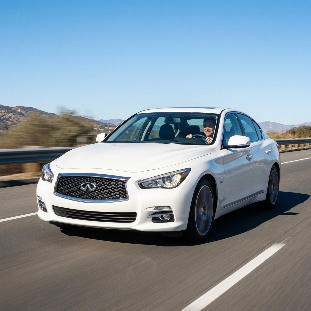 A white Infiniti Q50 driving on a highway in daylight, viewed from the front three-quarter angle