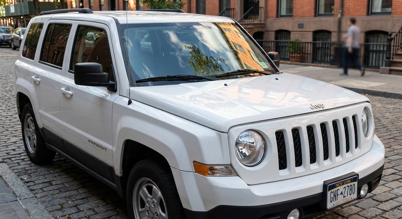A white Jeep Patriot parked on a city street, front view with daytime reflections on the hood