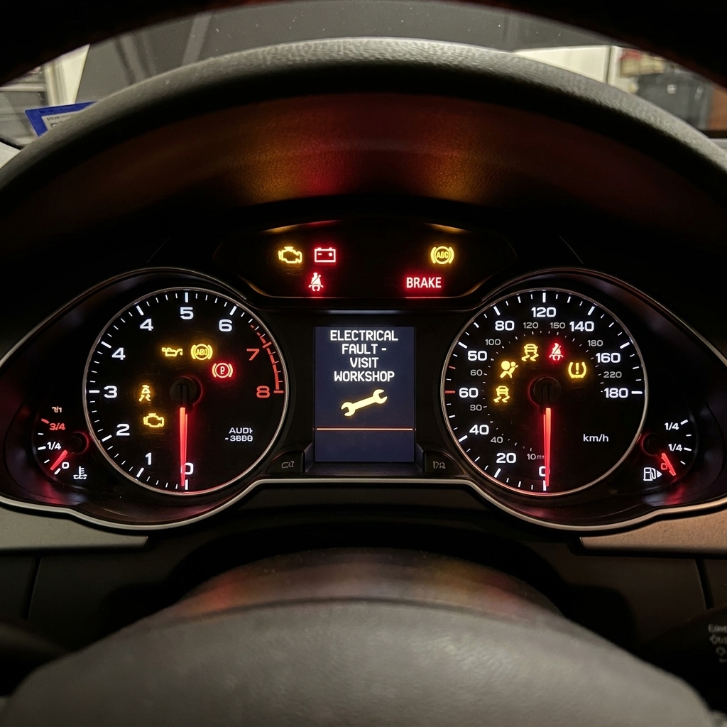 An Audi A4 instrument cluster illuminated with multiple warning lights while parked, showing the kind of dash alerts owners may see during electrical faults