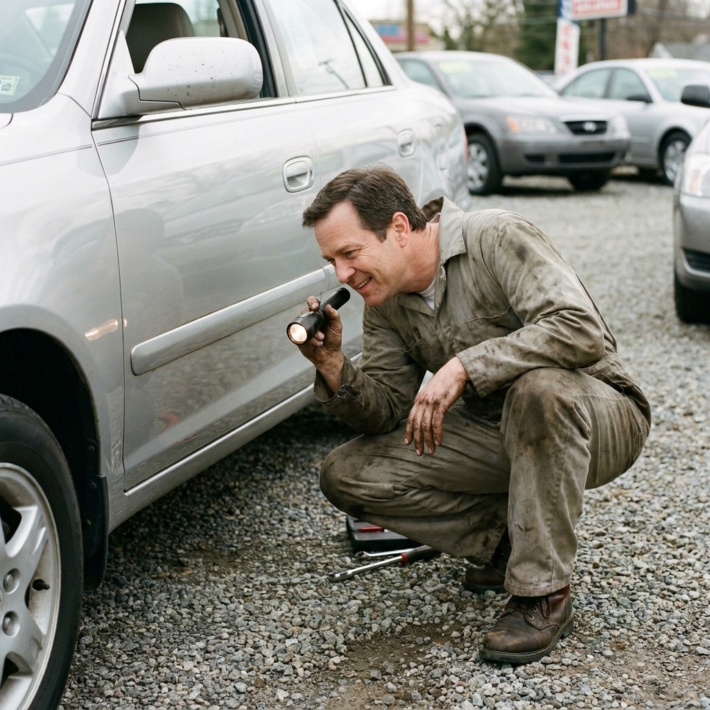 An independent mechanic crouching beside a used car on a dealership lot inspecting the undercarriage area with a flashlight