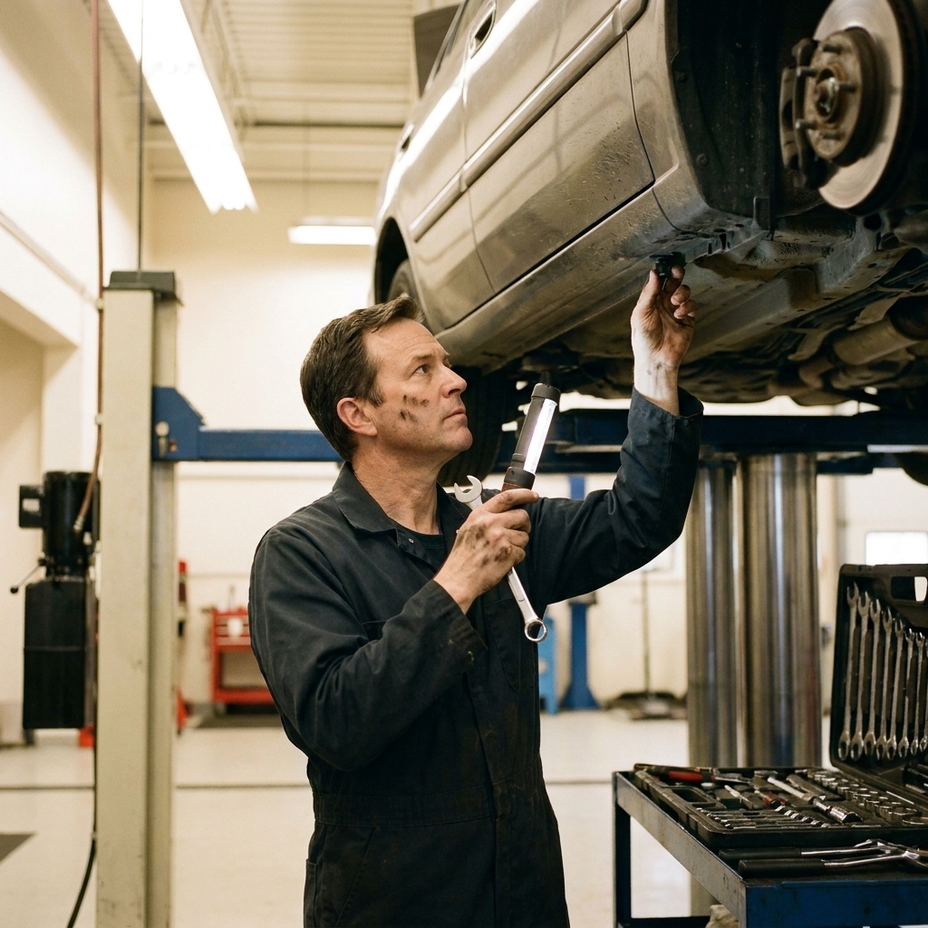 An independent mechanic inspecting the underside of a used car on a lift in a clean repair shop