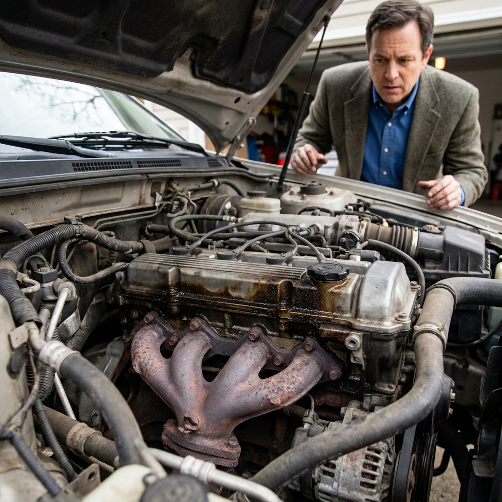 An open engine bay with visible oil residue near a valve cover area above the exhaust manifold on a used car