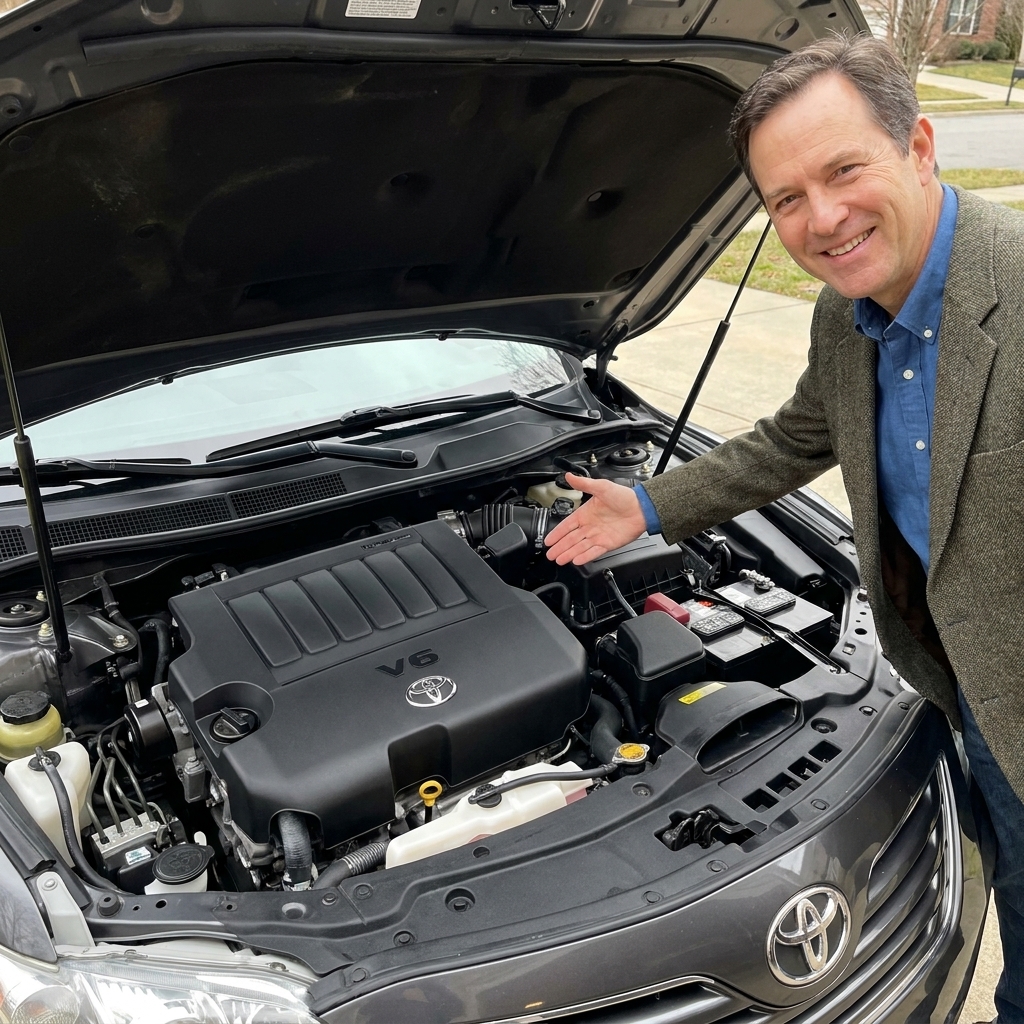 An open hood view of a Toyota Camry showing a clean, stock engine bay with a factory plastic engine cover
