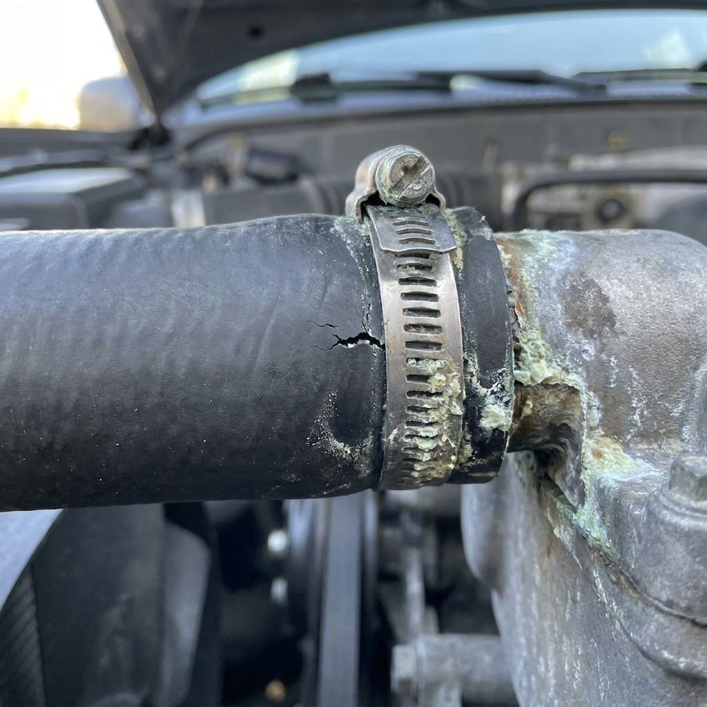 An upper radiator hose connection showing a small crack in the rubber near the clamp and dried coolant residue around the fitting
