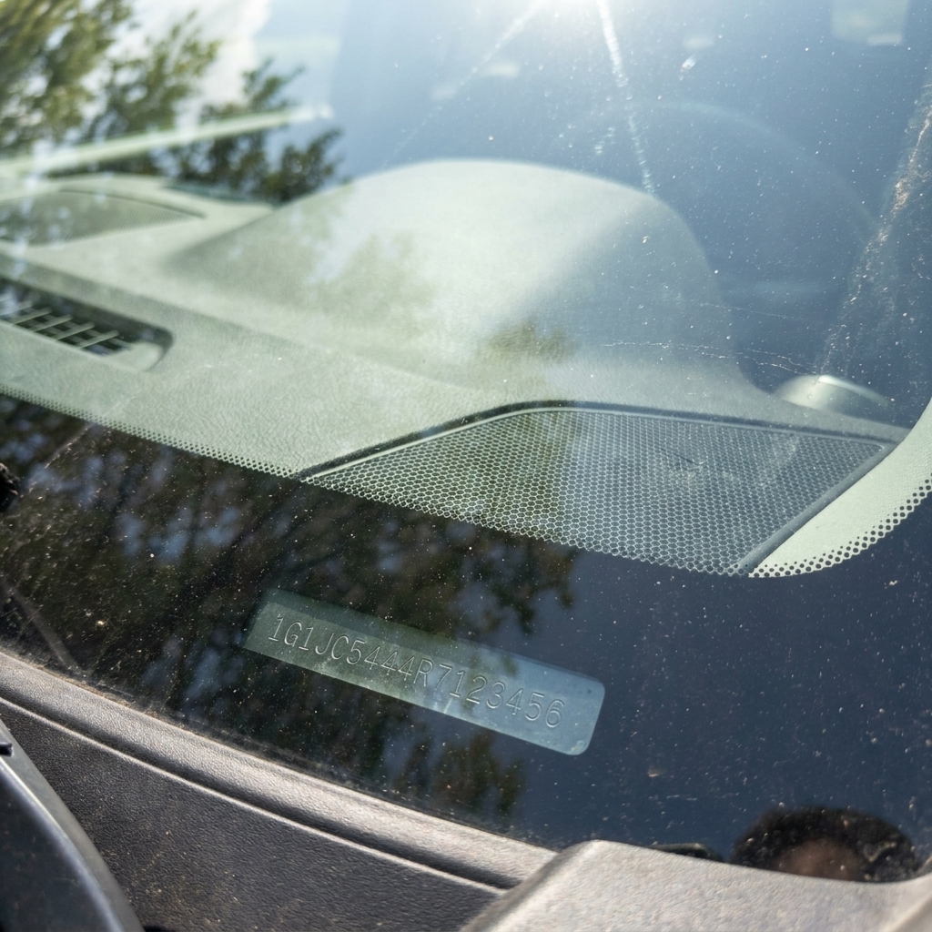 Close view of a vehicle’s VIN plate seen through the windshield at the base of the dashboard in daylight