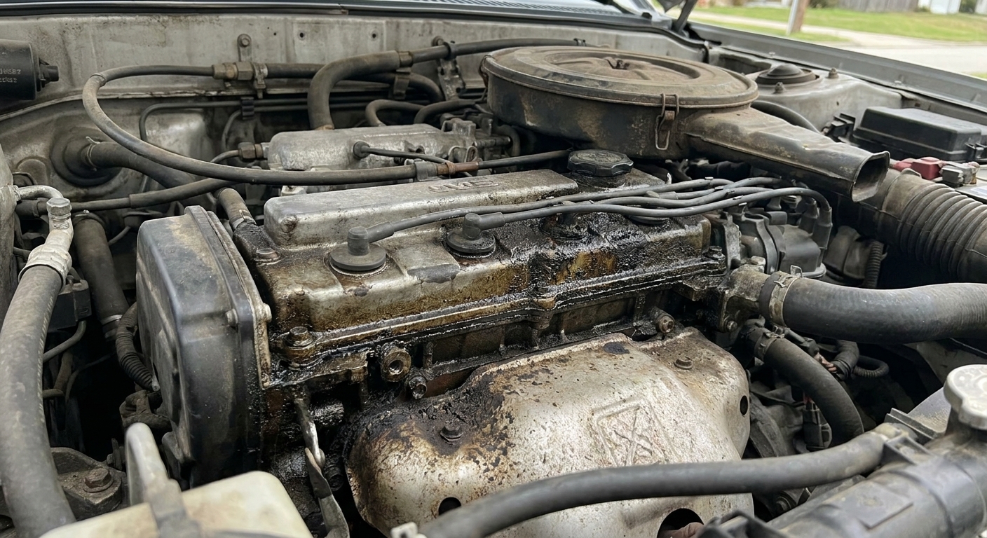 Close view of an older car engine bay with visible oily residue and grime around the valve cover area in natural daylight