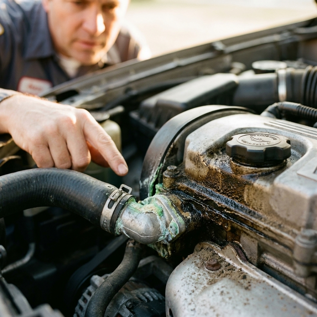 Engine bay view showing dried coolant residue near a hose connection and light oil grime around the valve cover area