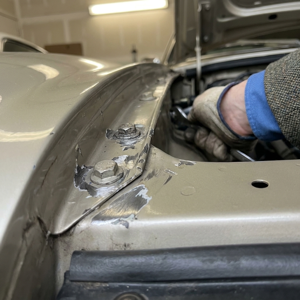Inside an engine bay, fender mounting bolts show chipped paint and fresh tool marks around the bolt heads