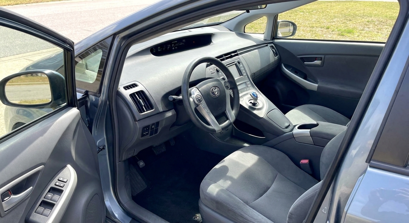 Interior of a 2016 Toyota Prius showing the front seats and dashboard viewed from the open driver door in daylight