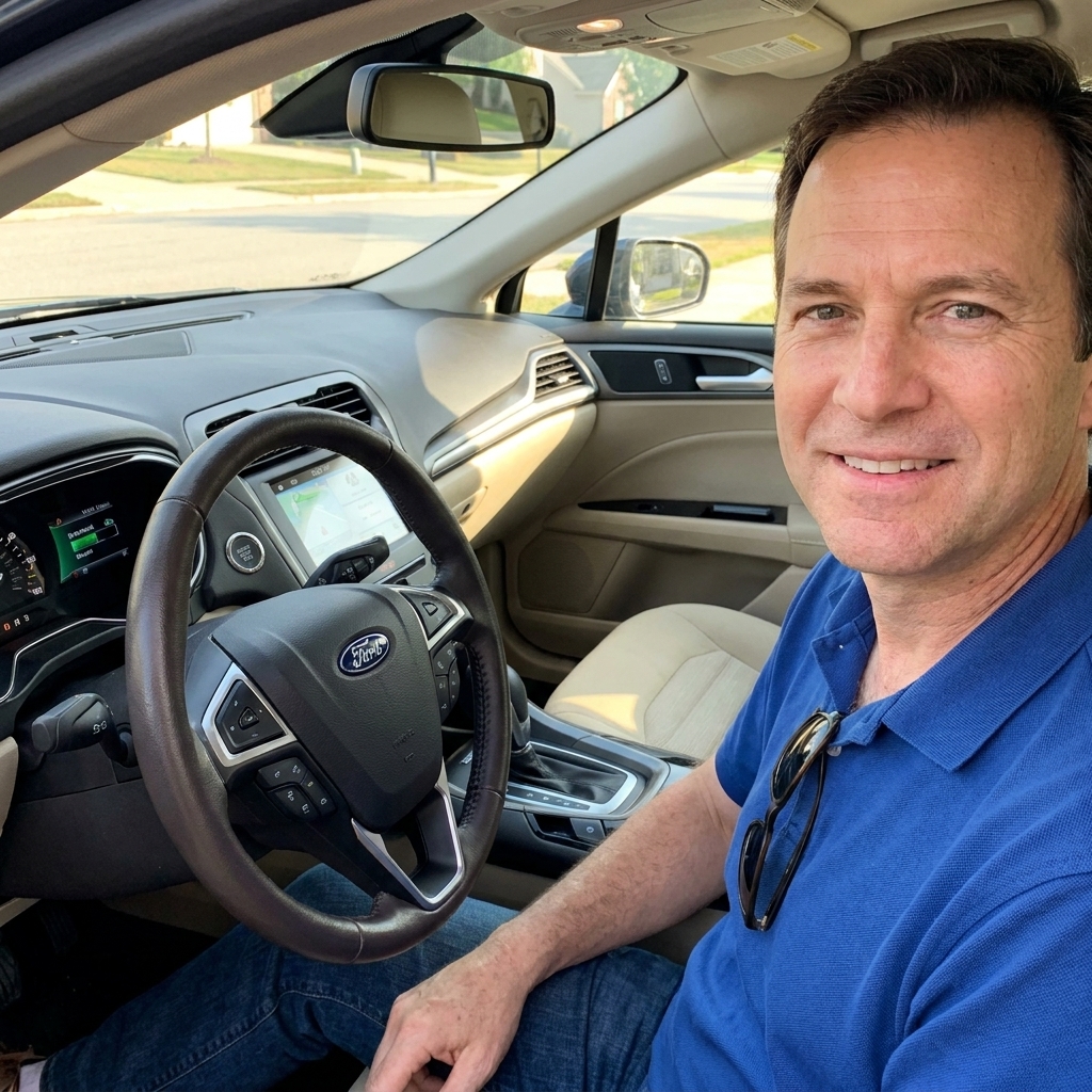 Interior of a 2018 Ford Fusion Hybrid showing the dashboard, steering wheel, and front seats viewed from the driver side in daylight