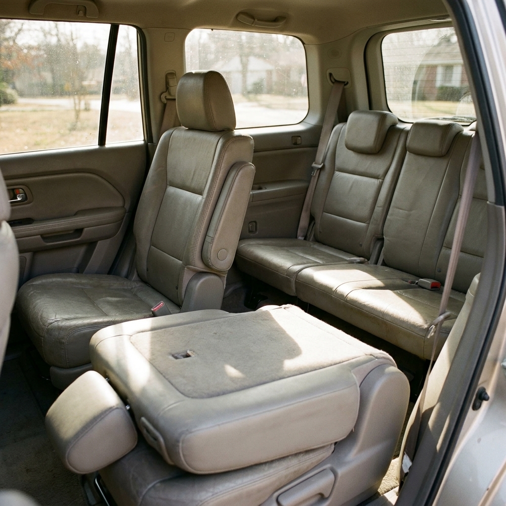 Interior view of a used Honda Pilot with the second-row seat slid forward and the third-row seats visible.