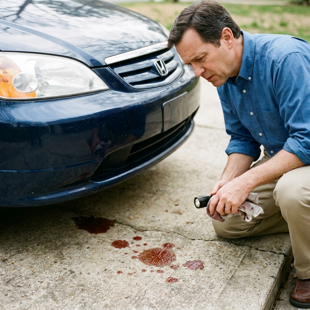 Reddish transmission fluid spots on a concrete driveway under the front of a vehicle