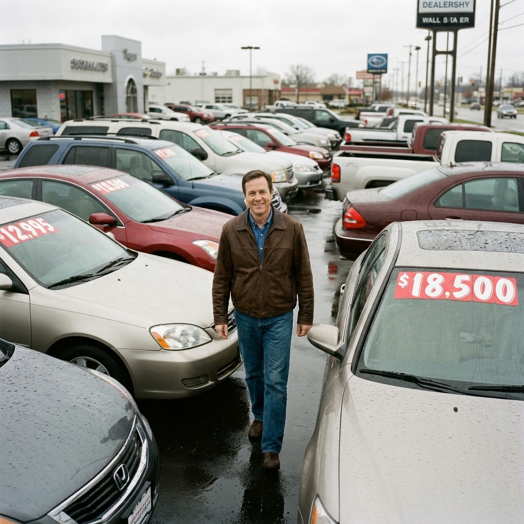 Rows of used cars parked on a dealership lot with visible price tags on windshields on an overcast day