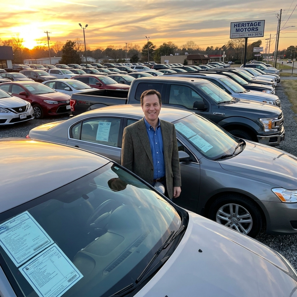 Rows of used vehicles lined up on a dealership lot with window stickers visible, photographed in late afternoon light