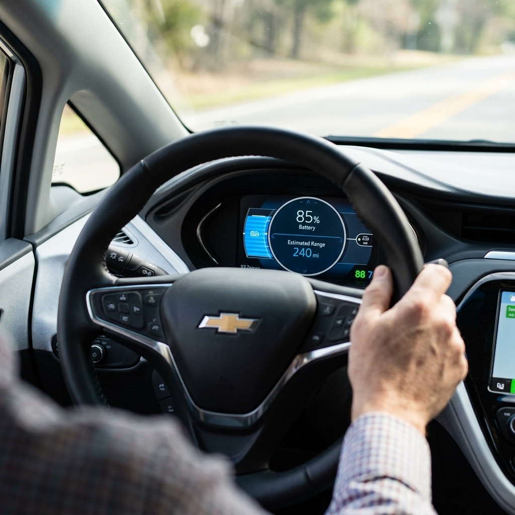 The driver view of a Chevrolet Bolt EV instrument cluster showing remaining battery percentage and estimated range, photographed from the seated driver position