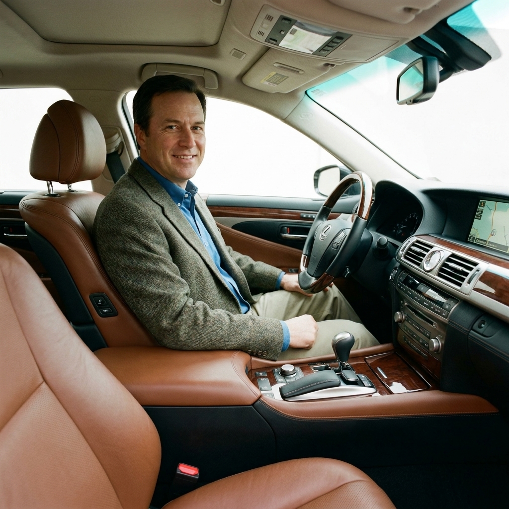 The front cabin of a Lexus LS 460 showing the leather seats, wood trim, and center console controls