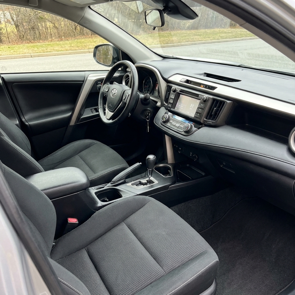 The interior of a 2013 Toyota RAV4 showing the driver seat, steering wheel, and center stack with a clean, well-kept cabin