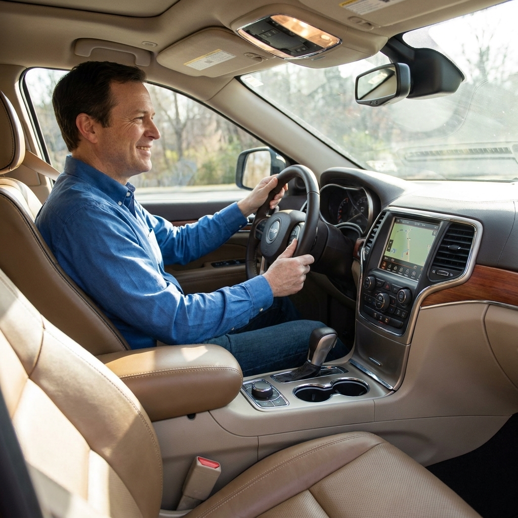 The interior of a 2020 Jeep Grand Cherokee showing the dashboard, center touchscreen, steering wheel, and front seats in natural daylight