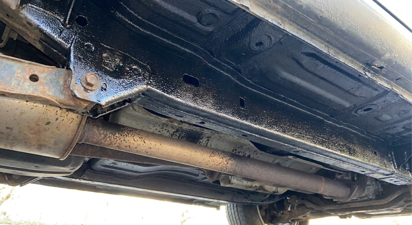 Under a used car, fresh black undercoating is visible with overspray on an exhaust pipe and nearby brackets